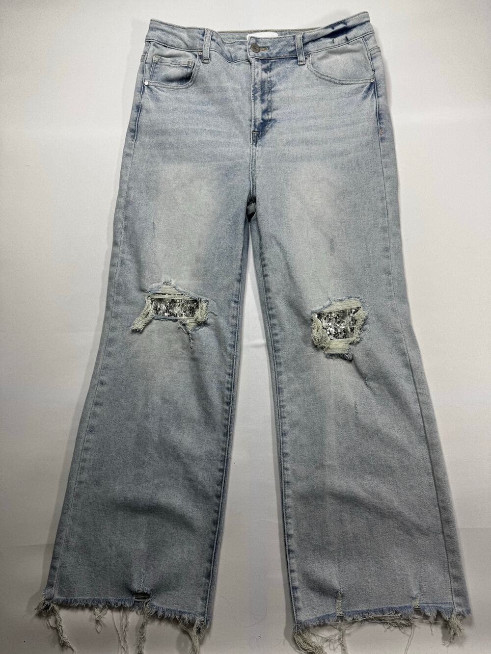 Risen Jeans Women's Sequin Peek-A Boo Wide Leg Stretch Denim Jeans - 15 (32x28)
